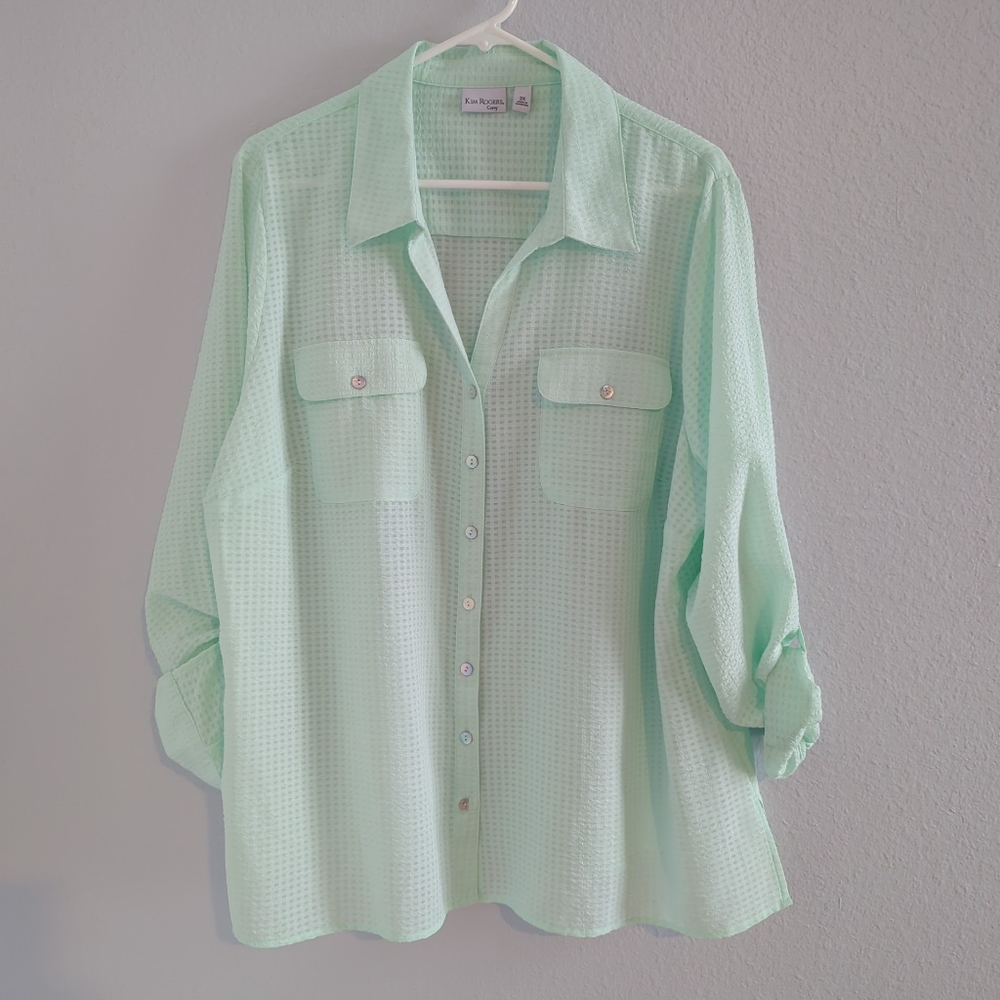 NWT Kim Rogers Curvy Blouse Shirt Button-down Green Women's Plus Size 2X